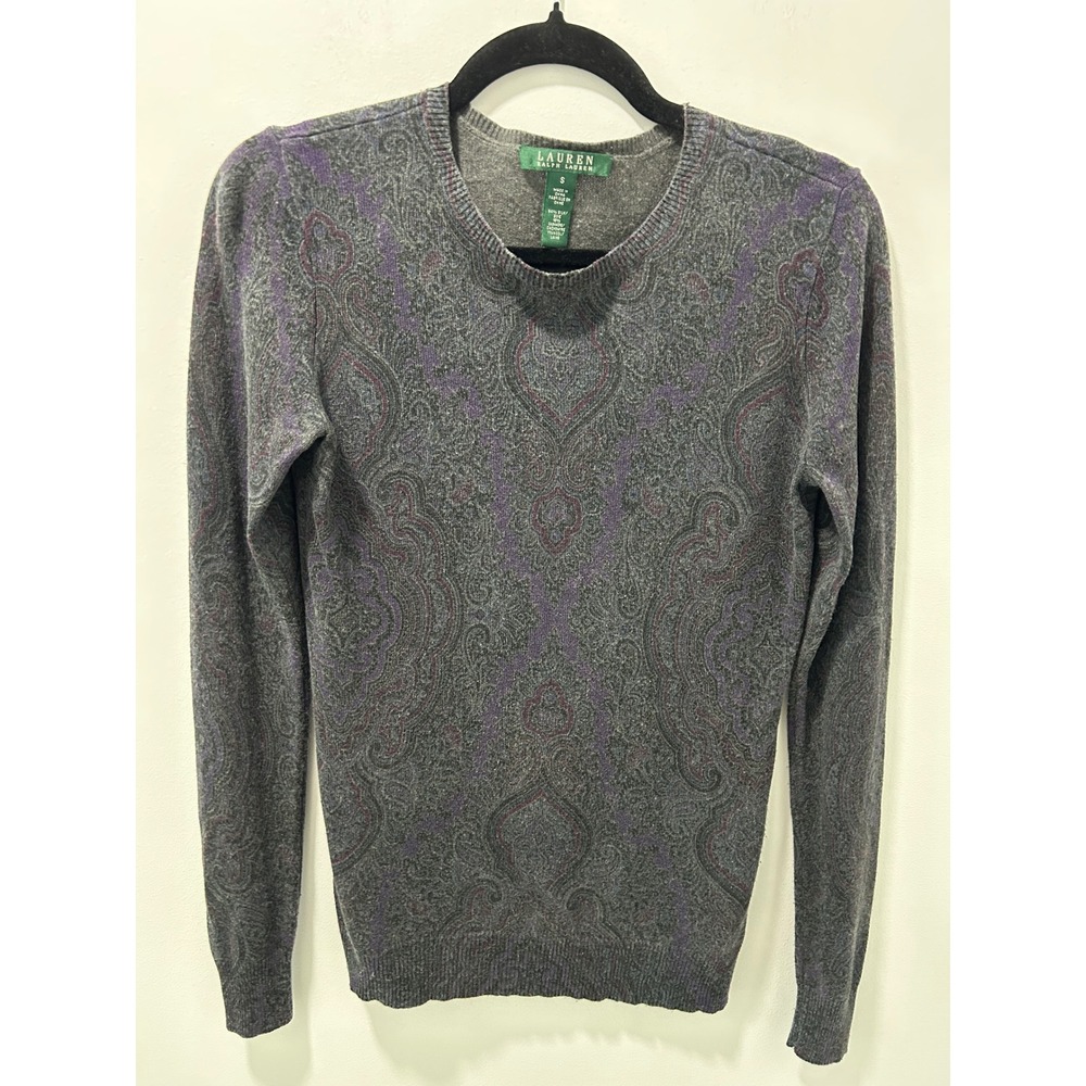 Lauren Ralph Lauren Silk Cashmere Paisley Crewneck Sweater Gray Purple Small